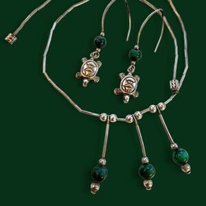 VTG Sterling Silver & Malachite Turtle Earrings Tube and Bead Necklace Set 1970s